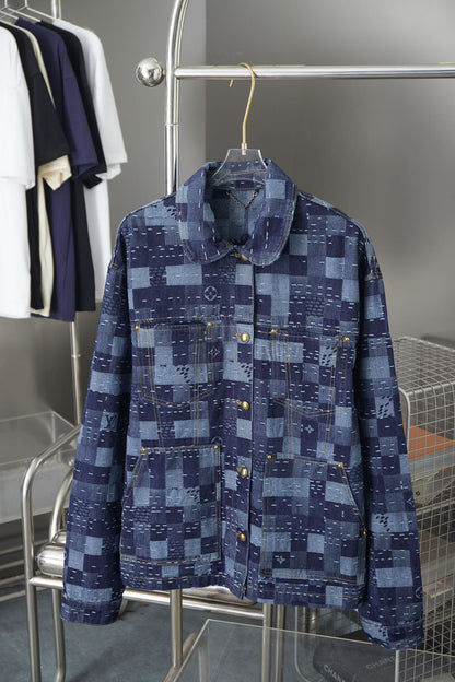 250902 New high-quality checkerboard texture skateboard denim jacket