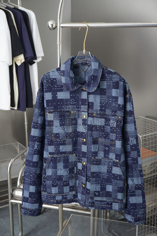 250902 New high-quality checkerboard texture skateboard denim jacket