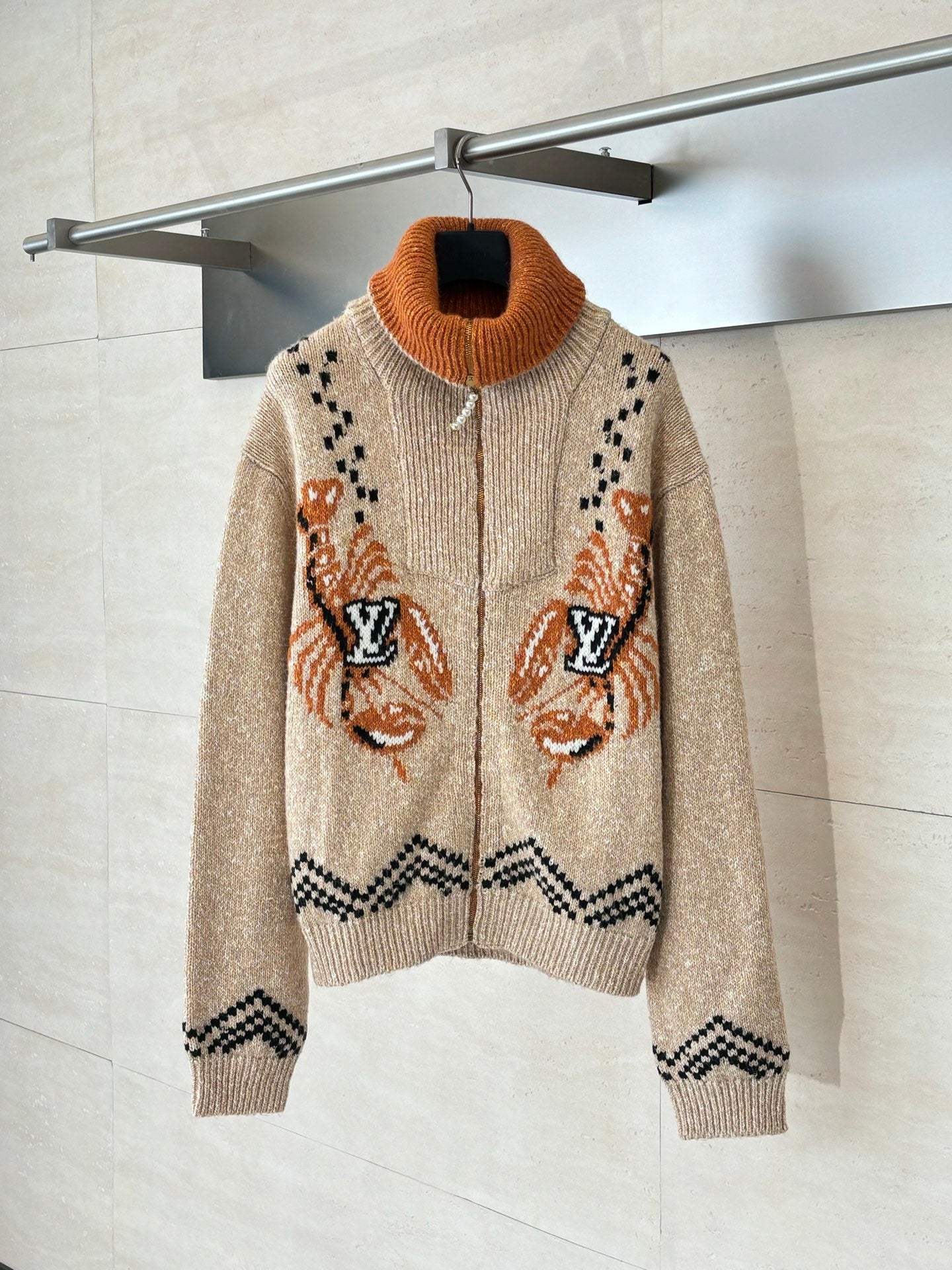 250908 New top-quality lobster patchwork wool knitted zipper jacket