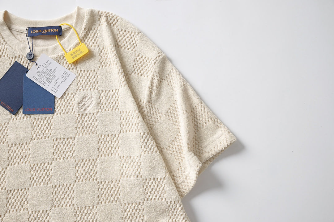 250908 New high-quality cotton checkerboard towel fabric casual T-shirt