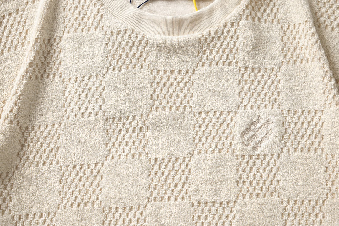 250908 New high-quality cotton checkerboard towel fabric casual T-shirt