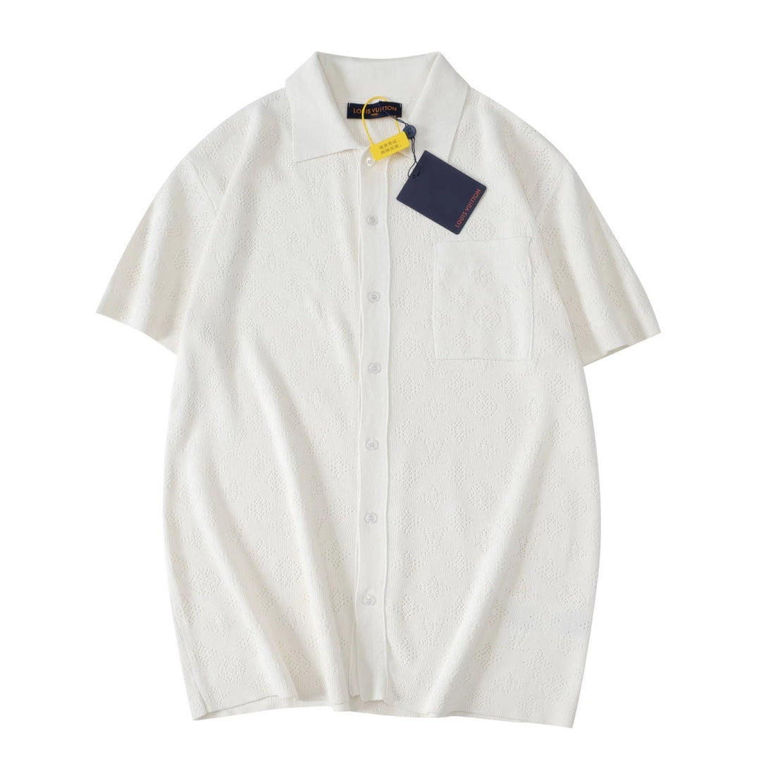 250917 New high-quality white cut-out jacquard knitted short-sleeved shirt