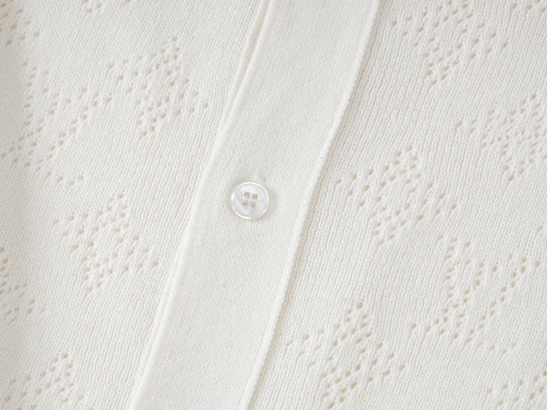 250917 New high-quality white cut-out jacquard knitted short-sleeved shirt