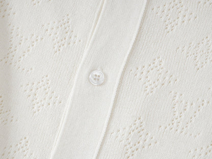 250917 New high-quality white cut-out jacquard knitted short-sleeved shirt