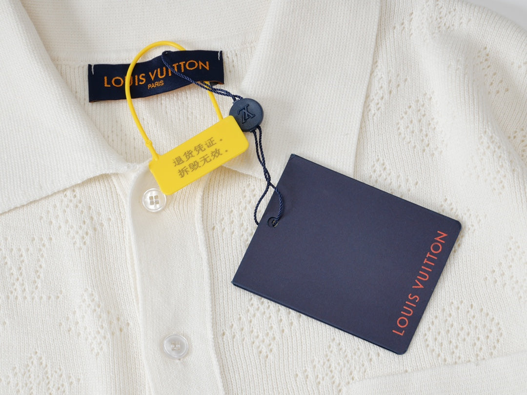 250917 New high-quality white cut-out jacquard knitted short-sleeved shirt