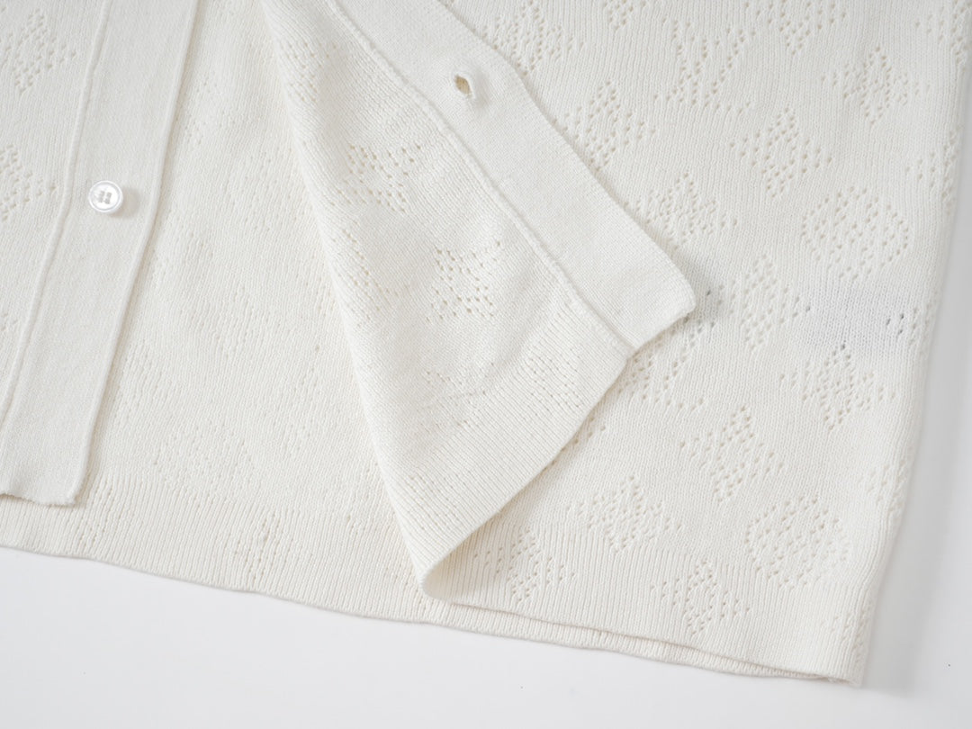 250917 New high-quality white cut-out jacquard knitted short-sleeved shirt