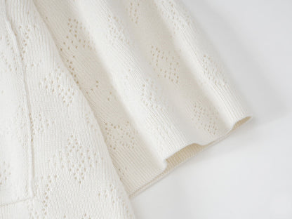 250917 New high-quality white cut-out jacquard knitted short-sleeved shirt