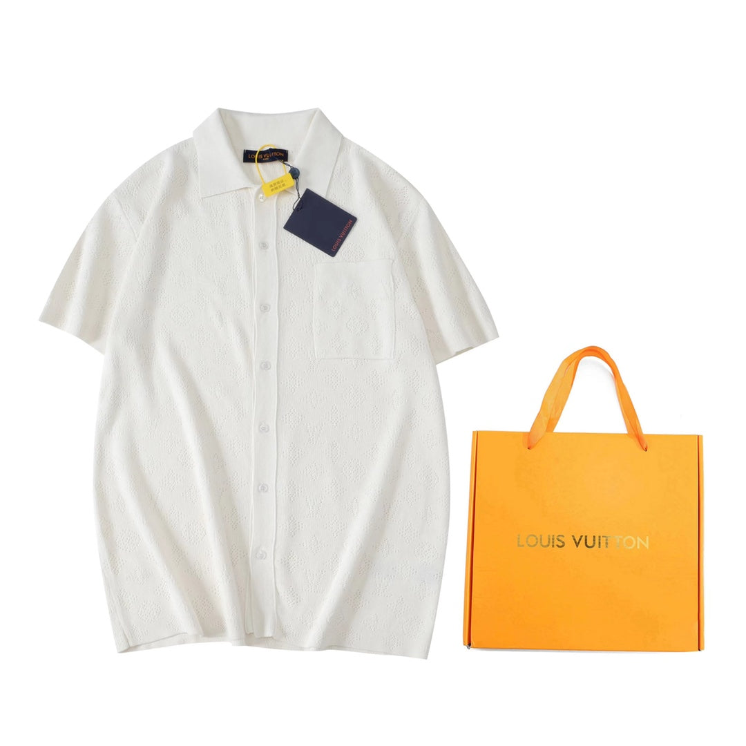 250917 New high-quality white cut-out jacquard knitted short-sleeved shirt