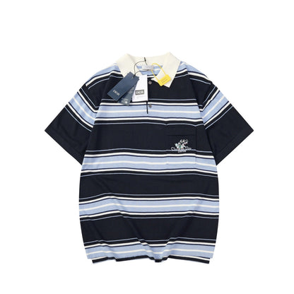 250917 New high-quality embroidered lily of the valley lapel striped POLO