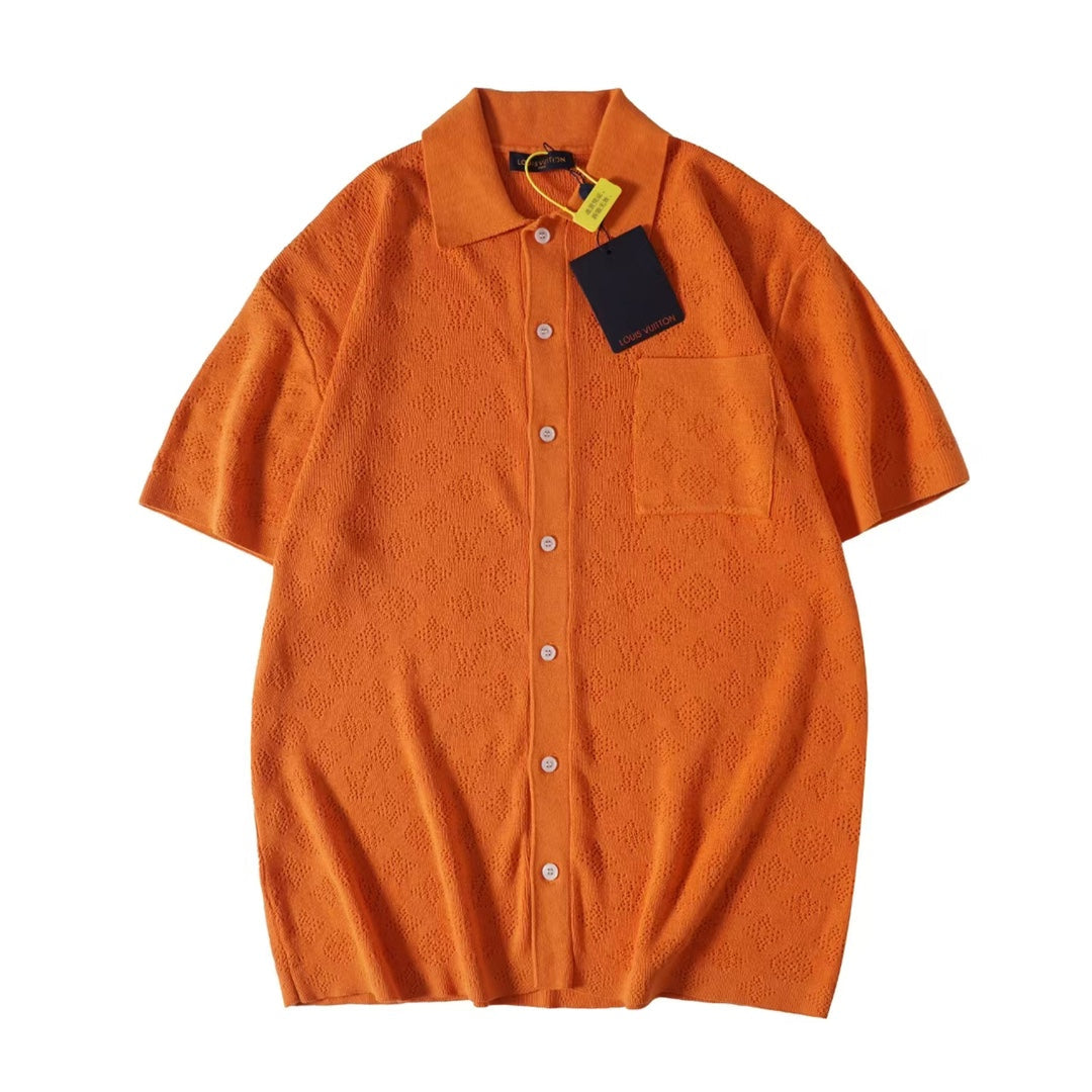 250917 New high-quality hollowed-out jacquard knitted short-sleeved shirt