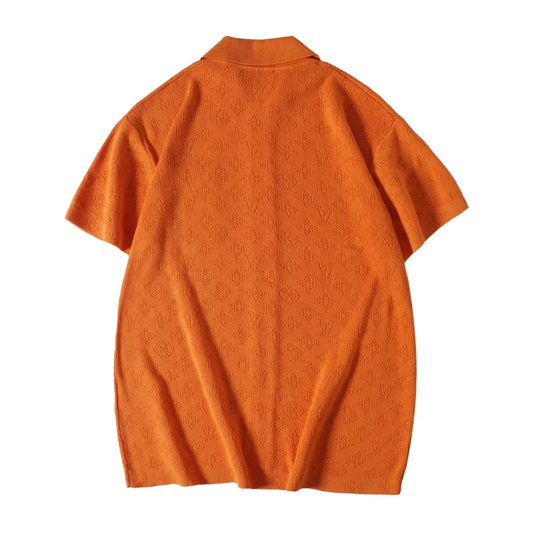 250917 New high-quality hollowed-out jacquard knitted short-sleeved shirt