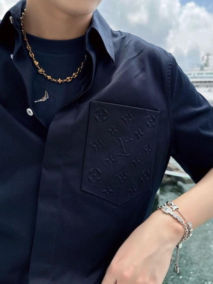 250917 New high-quality pocket embossed monogram short-sleeved shirt