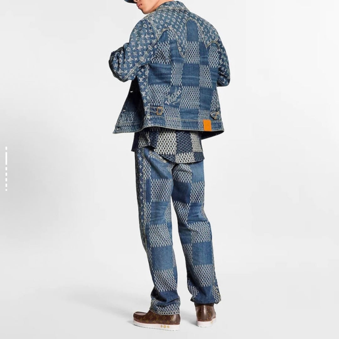 250923 A new high-quality checkerboard pattern full print denim jacket
