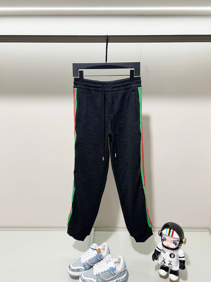 250923 New high-quality dark-patterned jacquard red and blue webbing patchwork sportswear pants