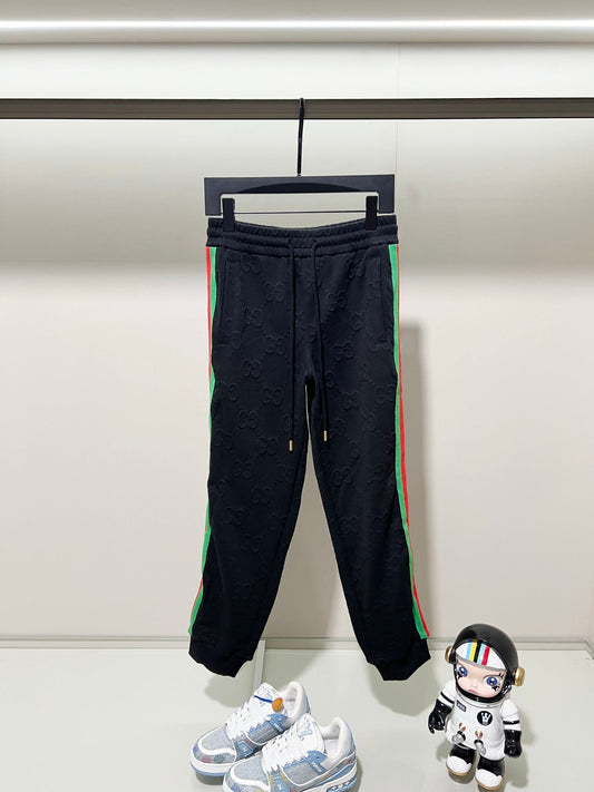 250923 New high-quality dark-patterned jacquard red and blue webbing patchwork sportswear pants