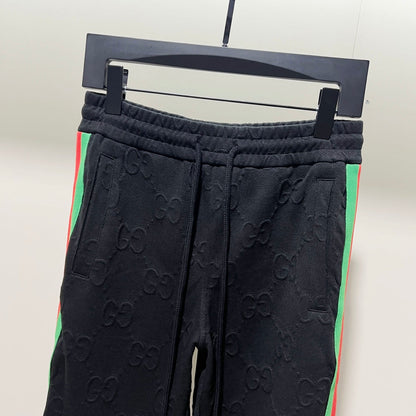 250923 New high-quality dark-patterned jacquard red and blue webbing patchwork sportswear pants