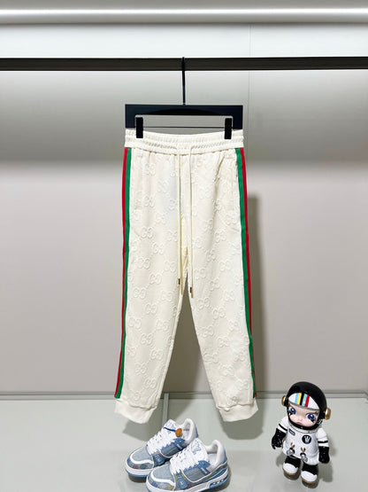 250923 New high-quality dark-patterned jacquard red and blue webbing patchwork sportswear pants