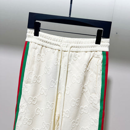 250923 New high-quality dark-patterned jacquard red and blue webbing patchwork sportswear pants