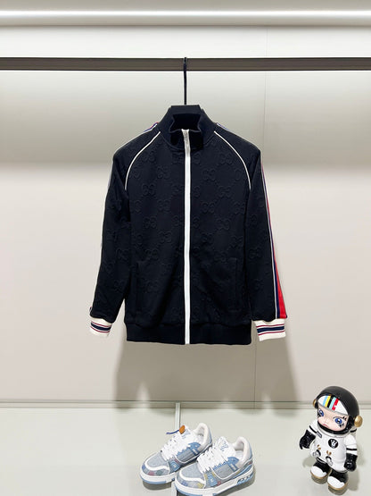 250923 new high-quality dark-patterned jacquard red and blue webbing stand-up collar coat