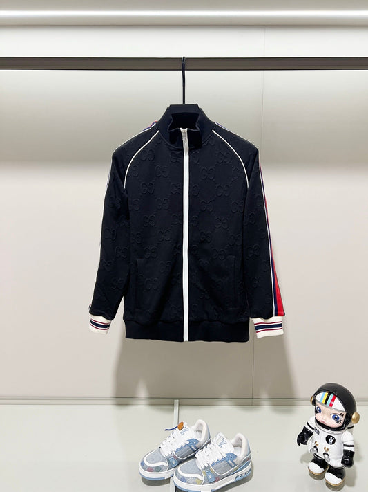 250923 new high-quality dark-patterned jacquard red and blue webbing stand-up collar coat