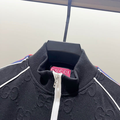 250923 new high-quality dark-patterned jacquard red and blue webbing stand-up collar coat