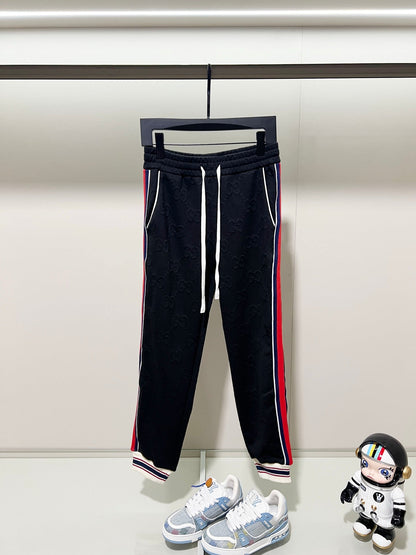 250923 New high-quality dark-patterned jacquard red and blue webbing patchwork sportswear pants