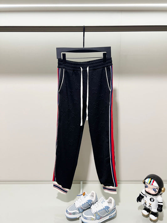 250923 New high-quality dark-patterned jacquard red and blue webbing patchwork sportswear pants