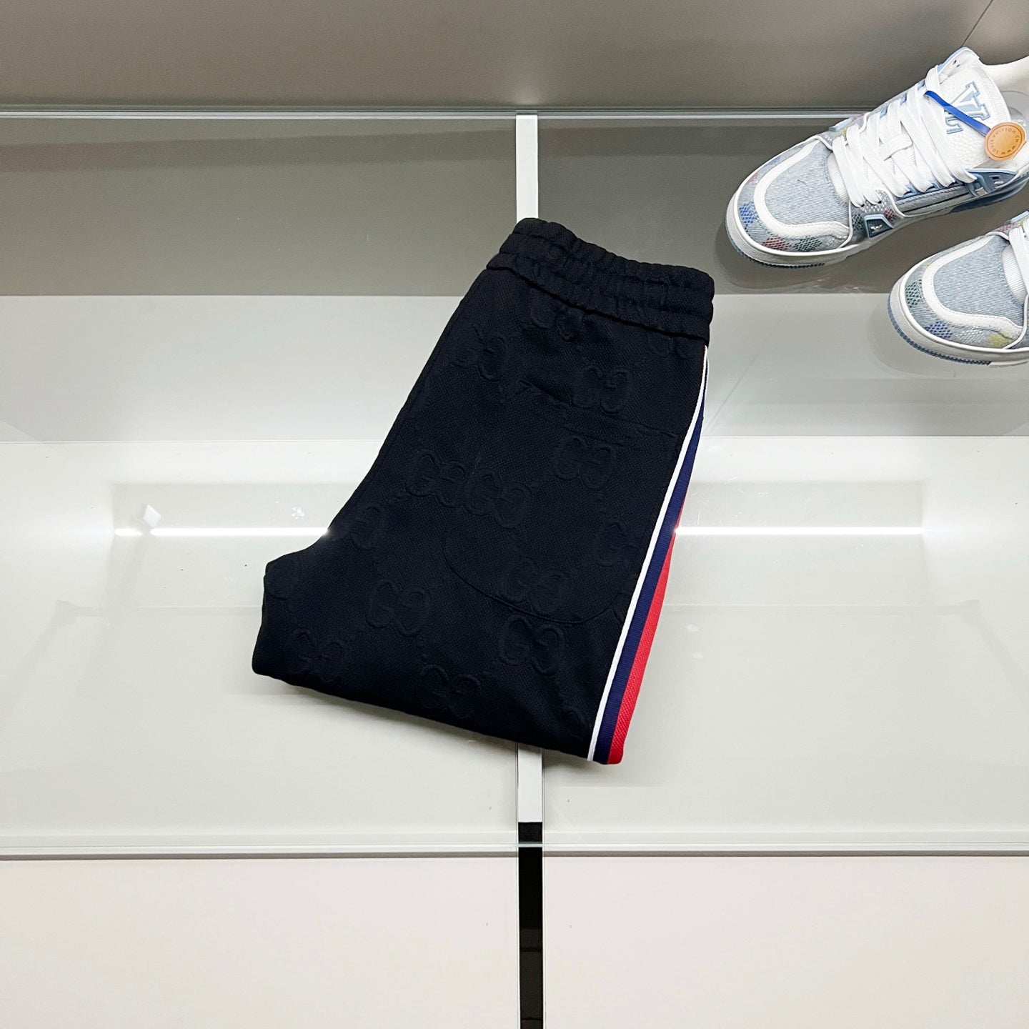 250923 New high-quality dark-patterned jacquard red and blue webbing patchwork sportswear pants