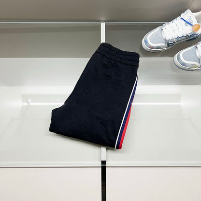250923 New high-quality dark-patterned jacquard red and blue webbing patchwork sportswear pants