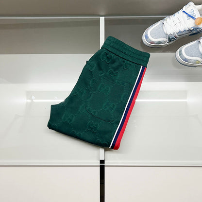 250923 New high-quality dark-patterned jacquard red and blue webbing patchwork sportswear pants