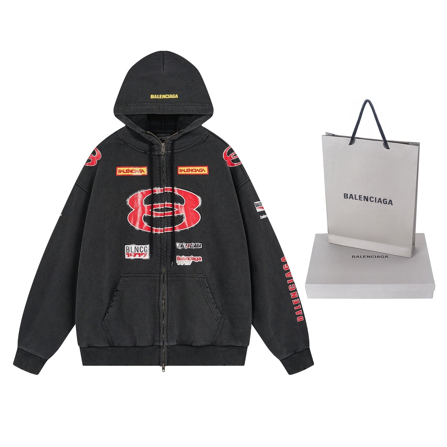 250930 new high-quality racing suit series of distressed and heavy-duty hooded sweatshirts