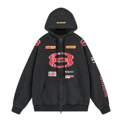 250930 new high-quality racing suit series of distressed and heavy-duty hooded sweatshirts