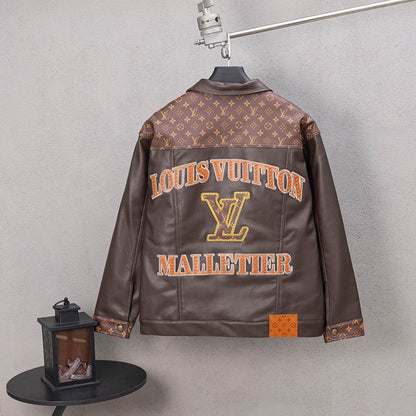 251008 new high-quality brown patchwork leather jacket