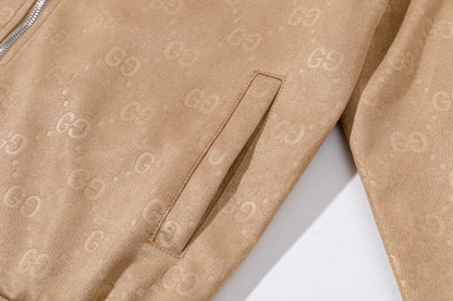 251008 New high-quality deerskin velvet full-print embossed stand-up collar jacket