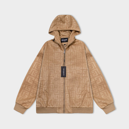 251008 New high-quality deerskin fleece hooded jacket with full embossed printing process