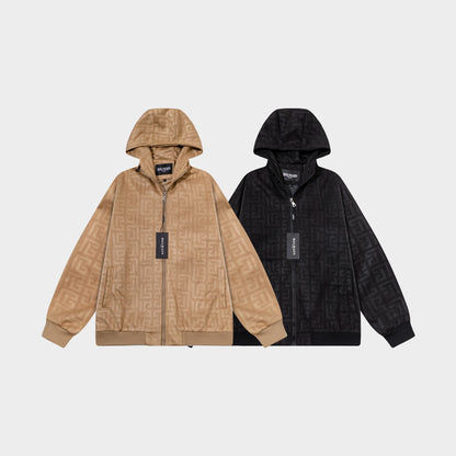 251008 New high-quality deerskin fleece hooded jacket with full embossed printing process