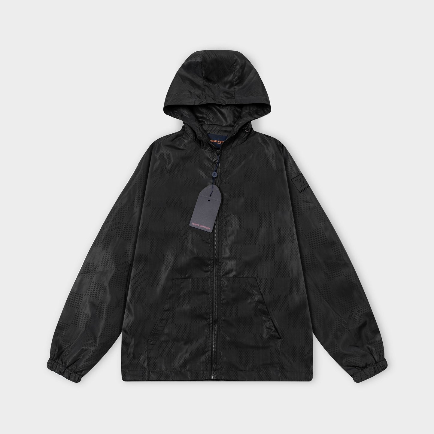 251008 New high-quality dark-patterned checkerboard hooded trench jacket