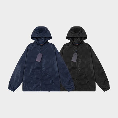 251008 New high-quality dark-patterned checkerboard hooded trench jacket