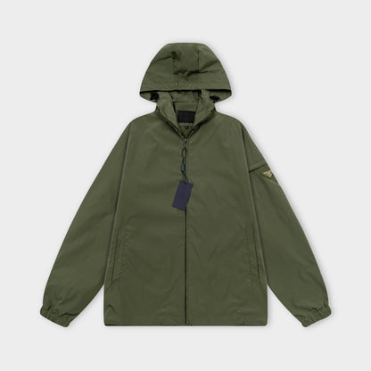 251008 New high-quality triangular leather hooded windbreaker jacket