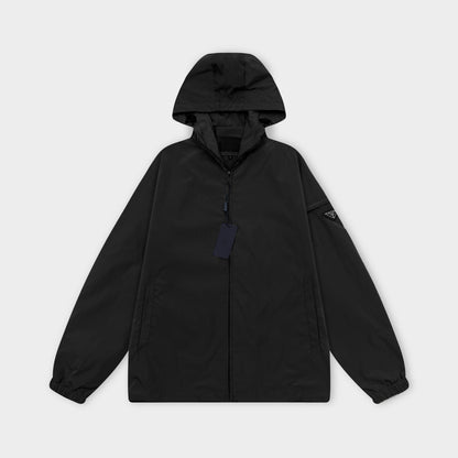 251008 New high-quality triangular leather hooded windbreaker jacket