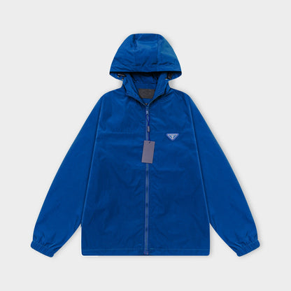251008 New high-quality triangular leather hooded windbreaker jacket