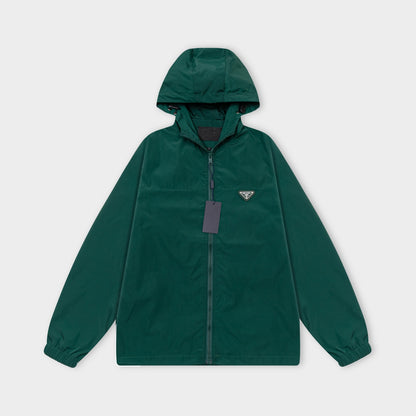 251008 New high-quality triangular leather hooded windbreaker jacket