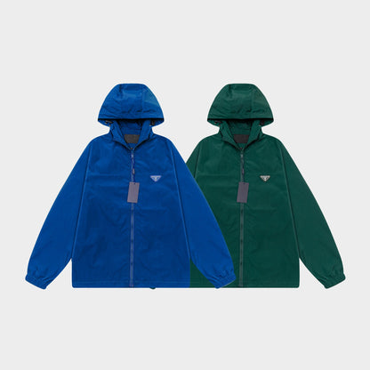 251008 New high-quality triangular leather hooded windbreaker jacket