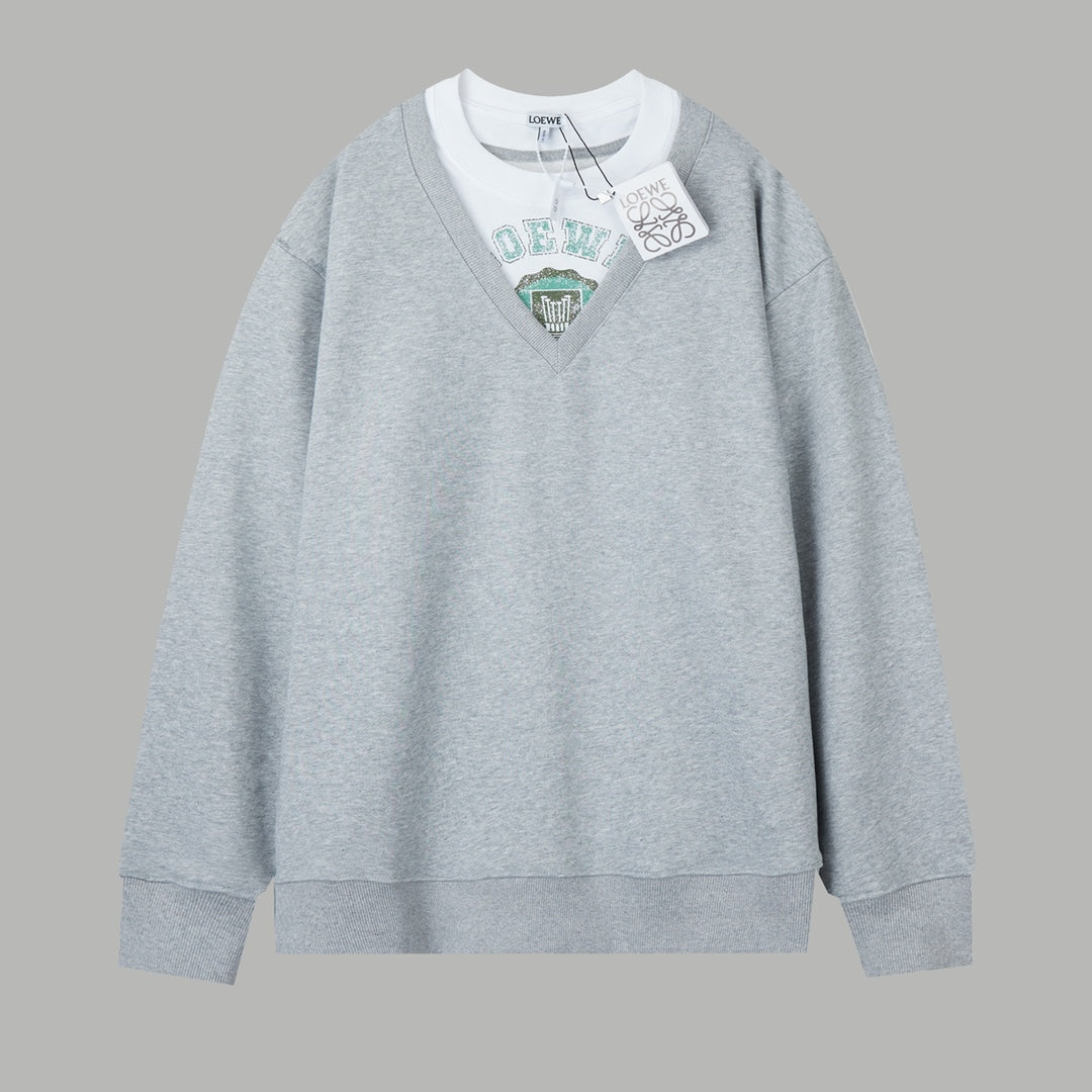 251014 New high-quality V-neck fake two-piece round-neck sweatshirt