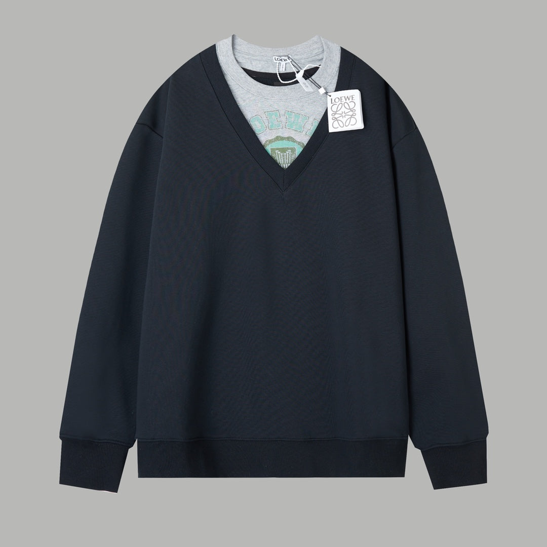 251014 New high-quality V-neck fake two-piece round-neck sweatshirt