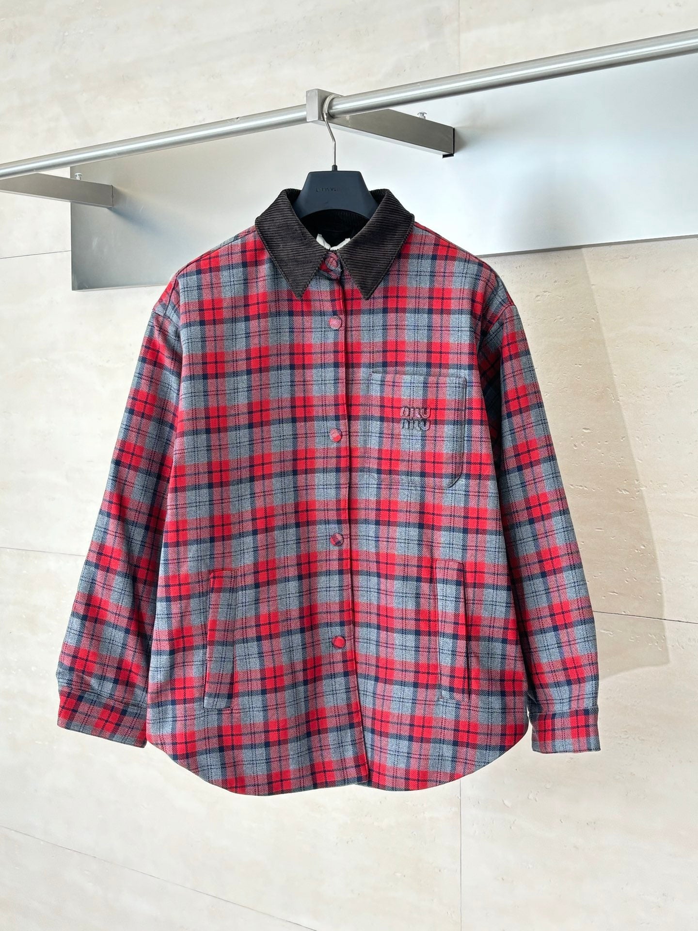 251021 new high-quality wine-red checkered button-down jacket and cotton-padded jacket