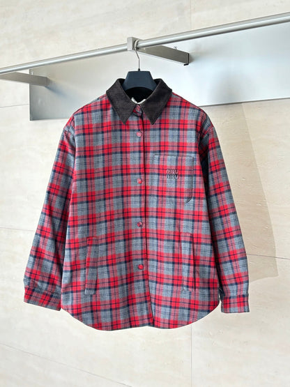 251021 new high-quality wine-red checkered button-down jacket and cotton-padded jacket