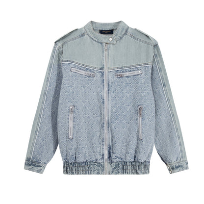 251021 new high-quality vintage washed denim jacquard color-blocked denim jacket