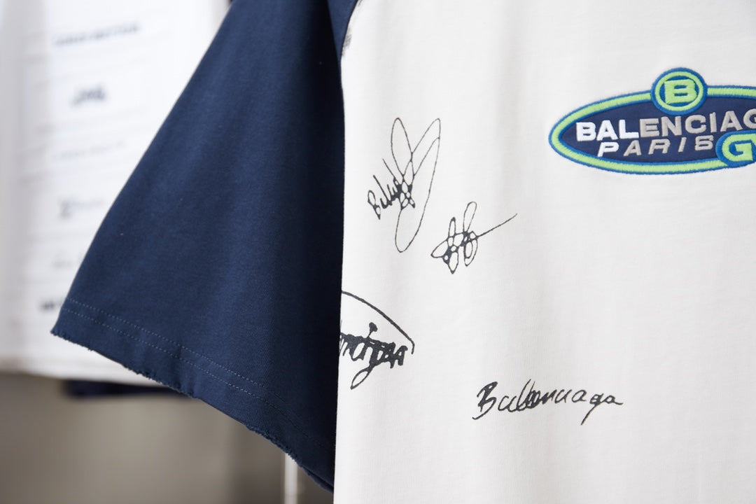 260106 new high-quality T-shirt with color-blocking sleeves and letter signature