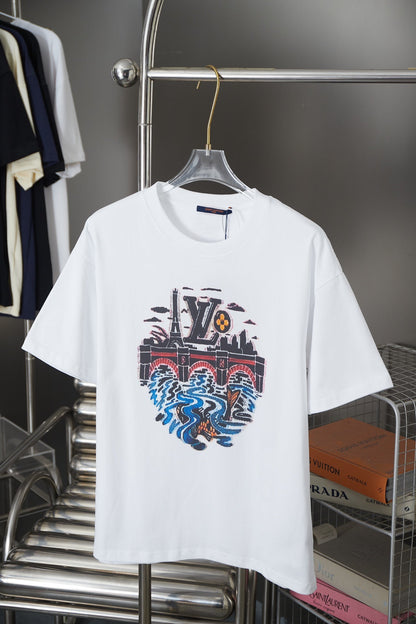 260106 New high-quality T-shirt with iron tower and river pattern